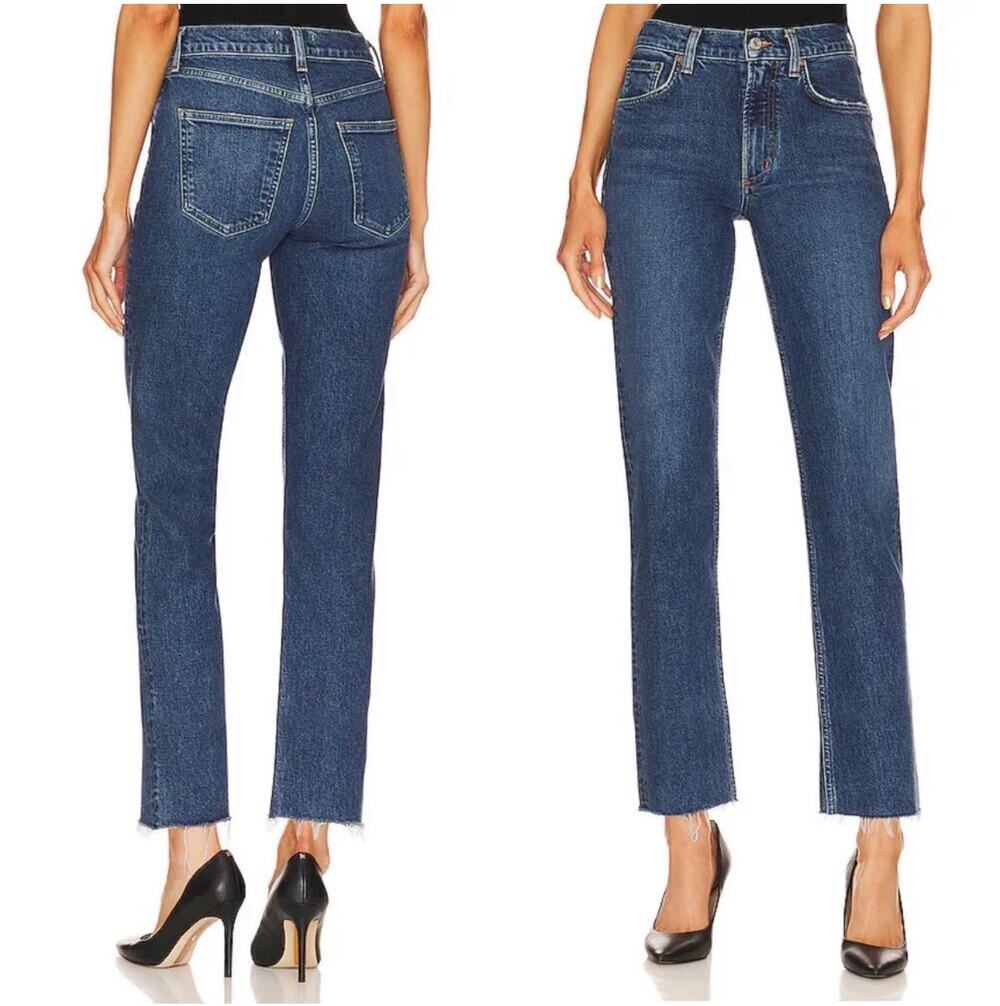 AGOLDE Kye Mid Rise Straight Leg Ankle Jeans Raw Hem Preppy 90s Mirage Blue
